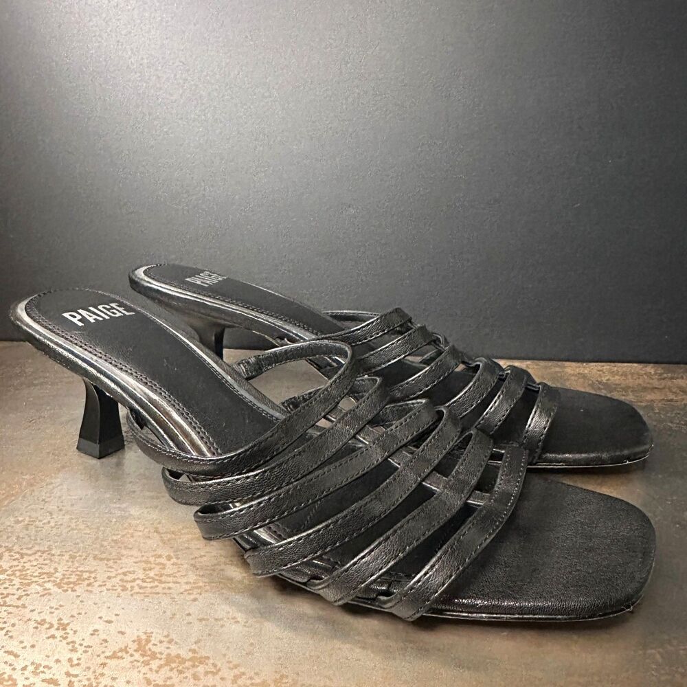 Paige Slide Sandals 9.5 Low Kitten Heel Caged Strappy Minimalist Black Vivian